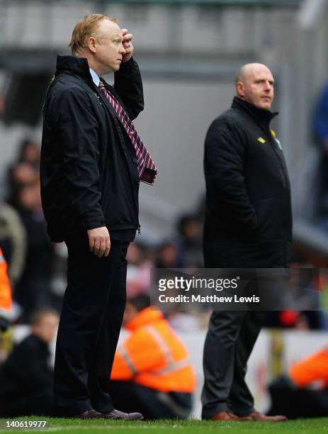 Alex McLeish, manager of Aston Villa looks on during the Barclays Premier League match between Blackburn Rovers and Aston Villa at Ewood park on...