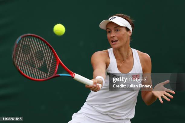 Tatjana Maria of Germany plays a forehand against Maria Sakkari of Greece during their Women's Singles Third Round match on day five of The...