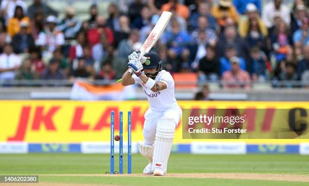 India batsman Virat Kohli is bowled by England bowler Matthew Potts during day one of the 5th Test match between England and India at Edgbaston on...