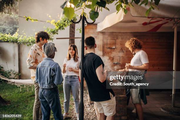 people on barbecue party - backyard barbeque stock pictures, royalty-free photos & images