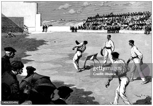 antique illustration: basque pelota (jai alai) players - pelotas stock illustrations