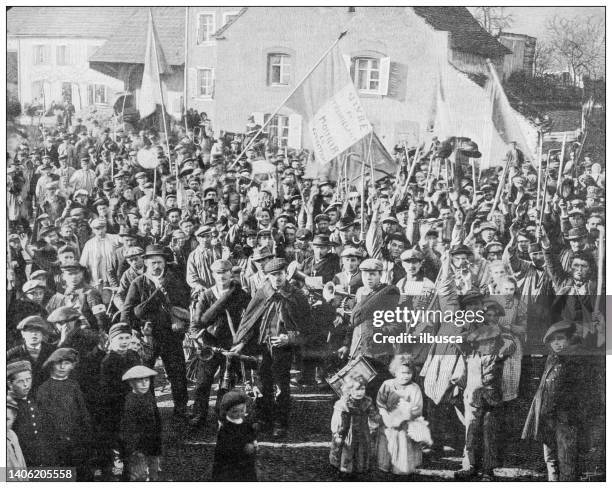 stockillustraties, clipart, cartoons en iconen met antique photo: french strike, doubs - solidariteit vakbond