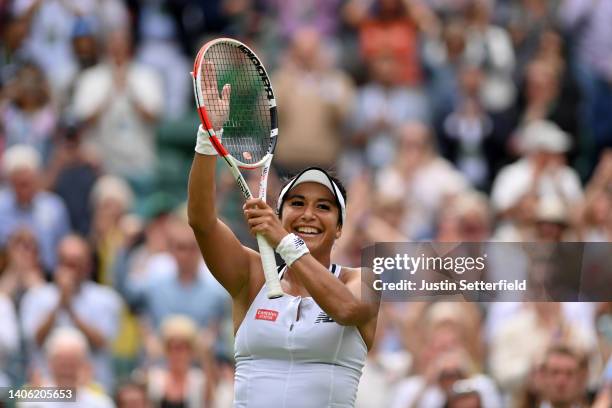 Heather Watson of Great Britain celebrates winning against Kaja Juvan of Slovenia during their Women's Singles Third Round match on day five of The...