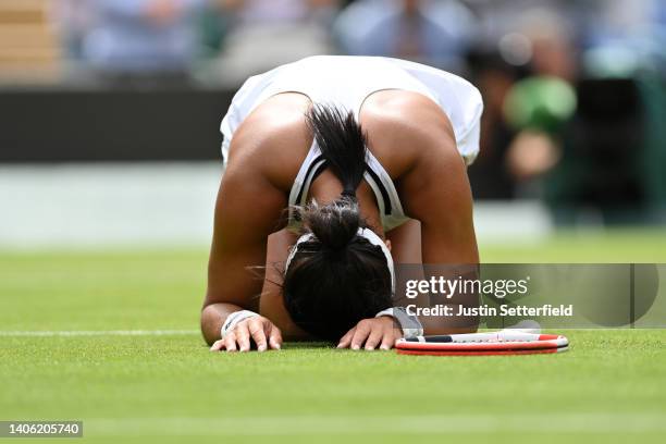 Heather Watson of Great Britain celebrates winning against Kaja Juvan of Slovenia during their Women's Singles Third Round match on day five of The...