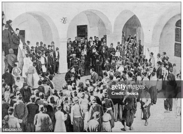 antique photo: french army in lebanon, maronites patriarch visit, bkerke - beirut people stock illustrations