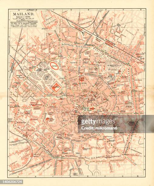 old chromolithograph map of milan, city in northern italy, capital of lombardy - milan map stock pictures, royalty-free photos & images