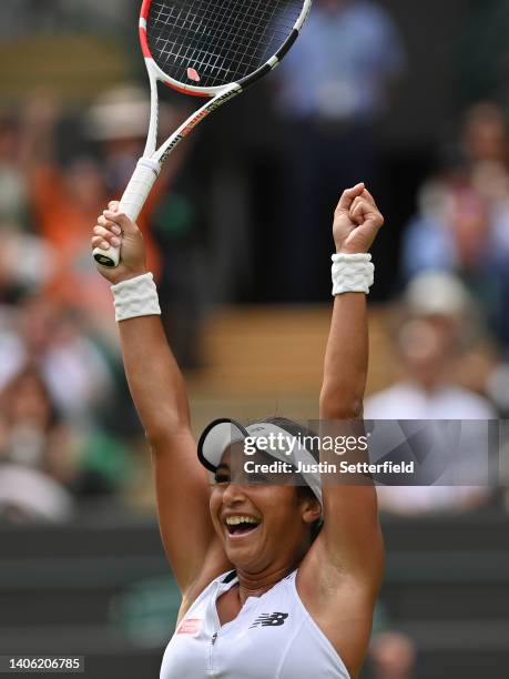 Heather Watson of Great Britain celebrates after winning match point against Kaja Juvan of Slovenia during their Women's Singles Third Round match on...