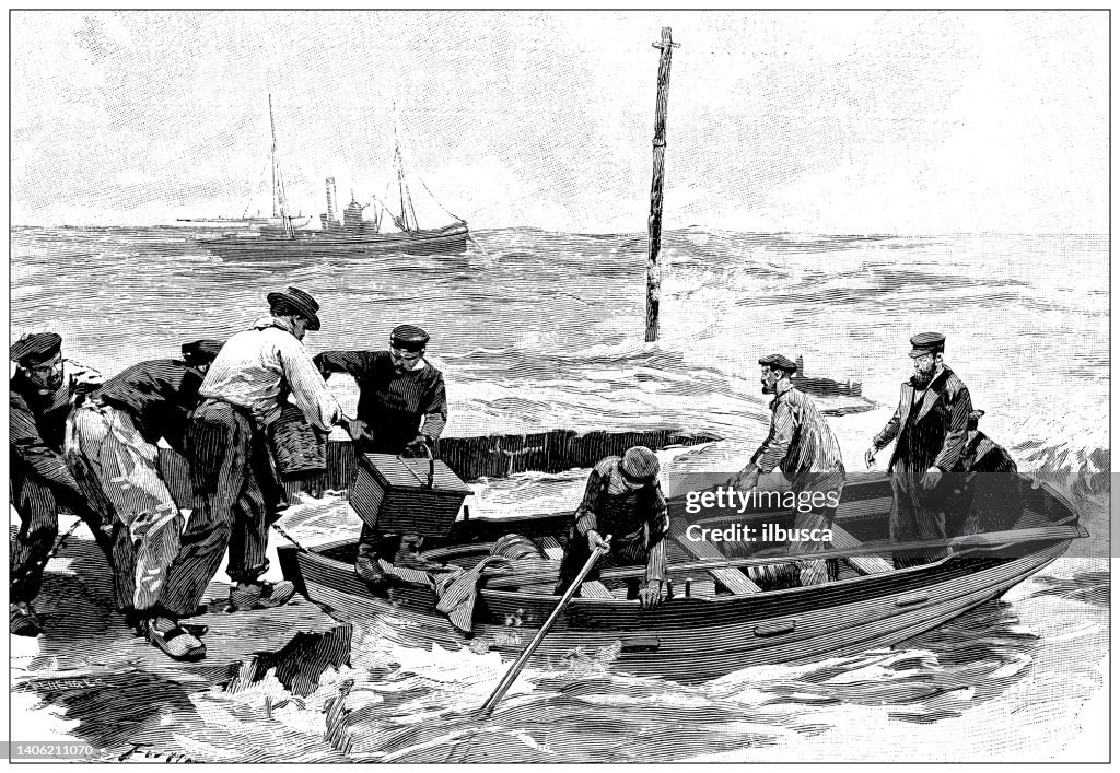 Antique illustration: Arriving at Roches-Douvres Lighthouse