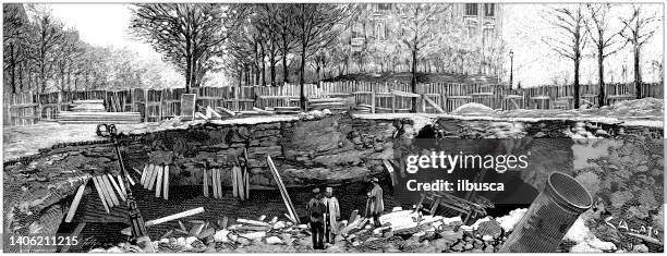 antique illustration: paris subway works accident - road work rubble stock illustrations