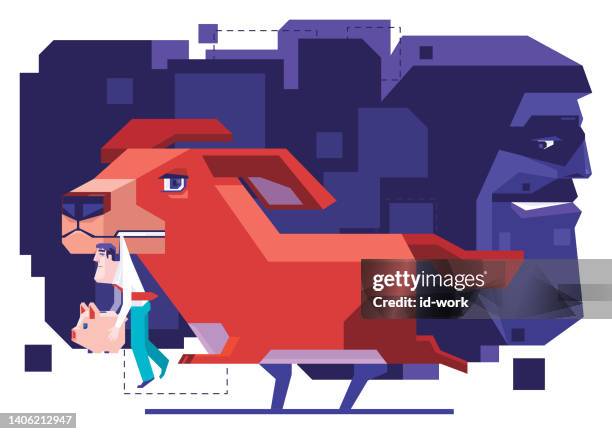 dog carrying businessman with piggy bank and running away from hiding scammer - runaway dog stock illustrations