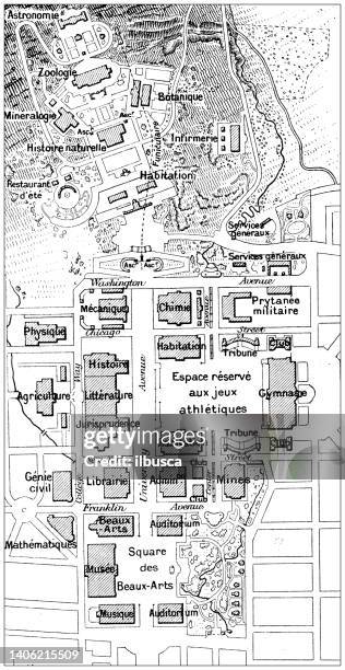 stockillustraties, clipart, cartoons en iconen met antique illustration: california university plan blueprint - university campus