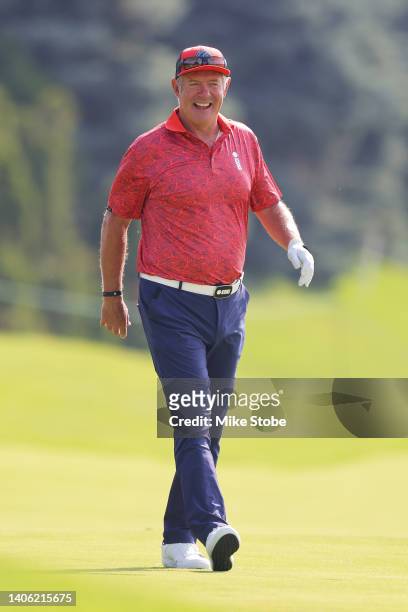 Gavin Hastings walks the fairway on the 1st hole during Day Two of the ICON Series at Liberty National Golf Club on July 01, 2022 in Jersey City, New...