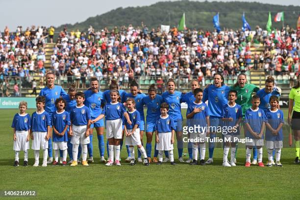 Italy team sing the National Anthem during the Women's International friendly match between Italy and Spain at Teofilo Patini Stadium on July 01,...