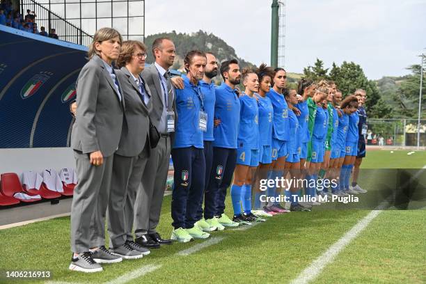 Italy team sing the National Anthem during the Women's International friendly match between Italy and Spain at Teofilo Patini Stadium on July 01,...