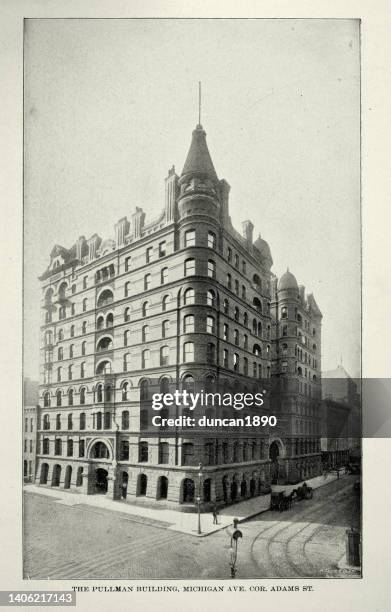 ilustrações de stock, clip art, desenhos animados e ícones de american victorian architecture, the pullman building, michigan ave and corner adams street, chicago, 19th century - corner of building