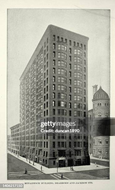 american victorian architecture, the monadnock building is a 16-story skyscraper, chicago, 19th century - chicago loop stock illustrations