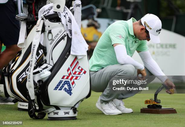 Dylan Frittelli of South Africa prepares to tee off on the 15th tee during the second round of the John Deere Classic at TPC Deere Run on July 01,...