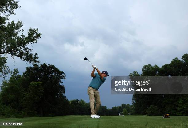 Andrew Novak of the Unoted States plays his shot from the 15th tee during the second round of the John Deere Classic at TPC Deere Run on July 01,...