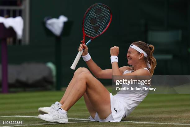 Marie Bouzkova of Czech Republic celebrates after winning match point against Alison Riske-Amritraj of The United States during their Women's Singles...