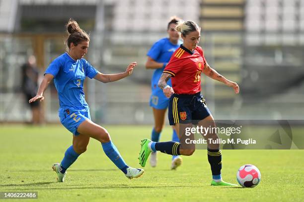 Valentina Bergamaschi of Italy and Maria Pilar Leon Cebrian of Spain compete for the ball during the Women's International friendly match between...