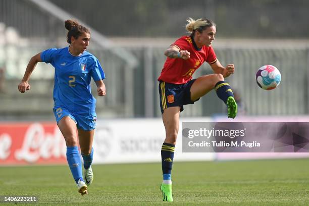 Valentina Bergamaschi of Italy and Maria Pilar Leon Cebrian of Spain compete for the ball during the Women's International friendly match between...