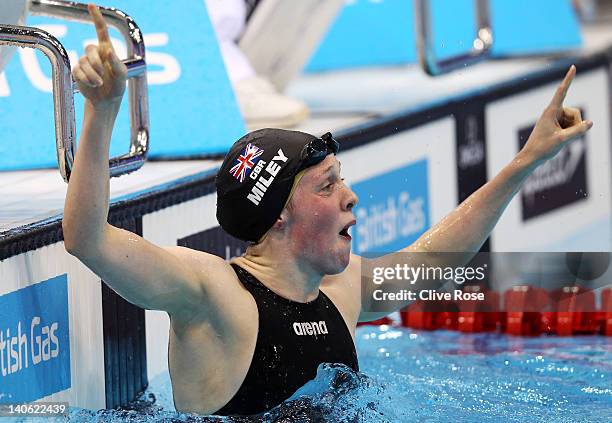 Hannah Miley of Garioch celebrates winning the Women's Open 400m Individual Medley Final during day one of the British Gas Swimming Championships at...