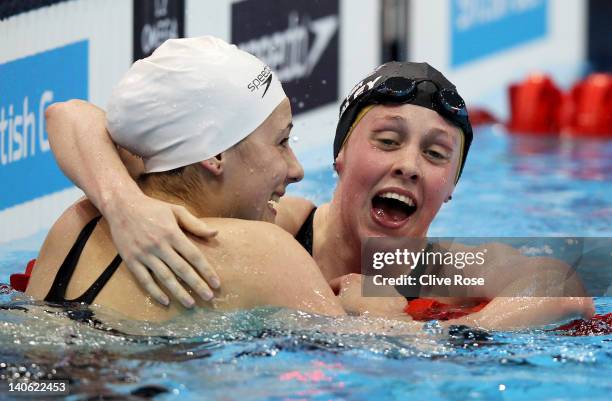 Hannah Miley of Garioch celebrates winning the Women's Open 400m Individual Medley Final during day one of the British Gas Swimming Championships at...