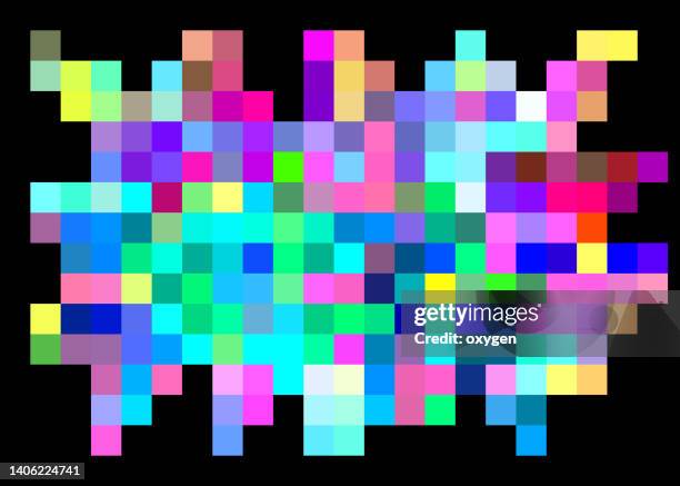 abstract  pixel  quare collage set of blue pink yellow cells pattern on black background - building block copy space stock-fotos und bilder