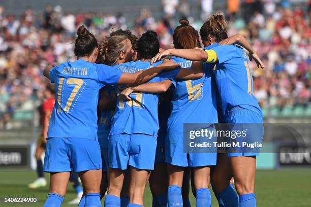 Valentina Bergamaschi of Italy celebrates after scoring the opening goal during the Women's International friendly match between Italy and Spain at...