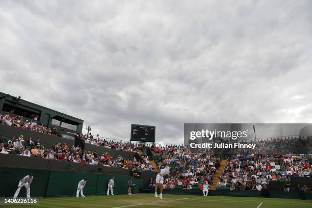 General view as John Isner of The United States serves against Jannik Sinner of Italy during their Men's Singles Third Round match on day five of The...