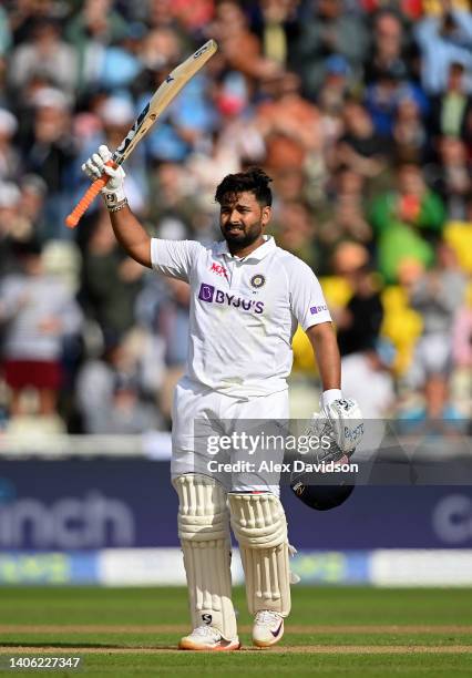 Rishabh Pant of India celebrates reaching his century during Day One of the Fifth Lv= Insurance Test Match at Edgbaston on July 01, 2022 in...