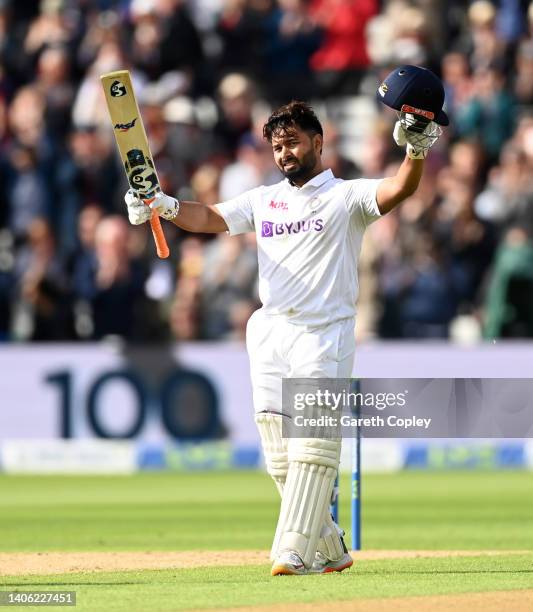 Rishabh Pant of India celebrates his century during day one of Fifth LV= Insurance Test Match between England and India at Edgbaston on July 01, 2022...