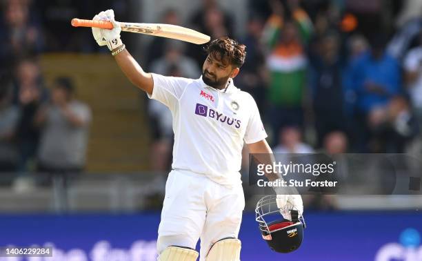 India batsman Rishabh Pant celebrates his century during day one of the 5th Test match between England and India at Edgbaston on July 01, 2022 in...