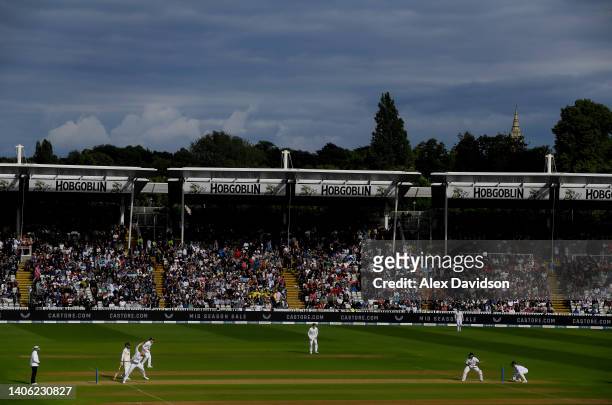 General view as Jack Leach of England bowls during Day One of the Fifth Lv= Insurance Test Match at Edgbaston on July 01, 2022 in Birmingham, England.