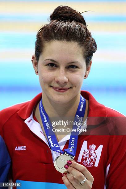 Silver medallist Aimee Willmott of Middlesbrough poses with her medal after the Women's Open 400m Individual Medley Final during day one of the...