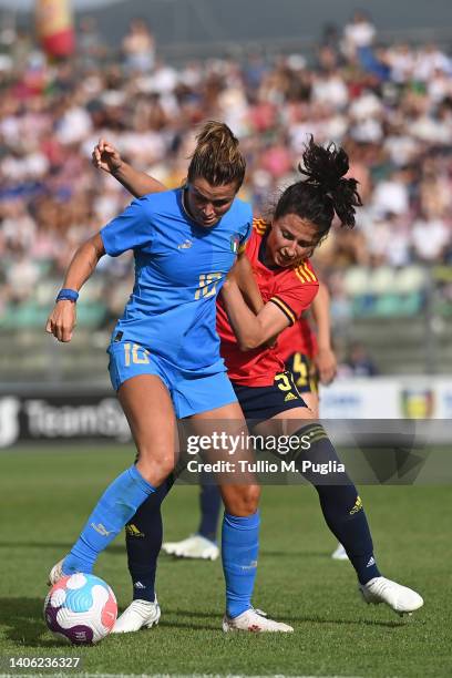 Cristiana Girelli of Italy and Ivana Andres Sanz of Spain compete for the ball during the Women's International friendly match between Italy and...