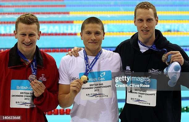 Gold medallist Roberto Pavoni of Loughborough University poses with silver medallist Joseph Roebuck of Loughborough University and bronze medallist...