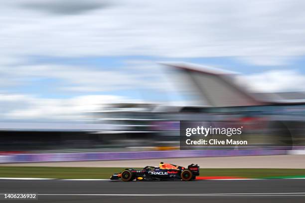 Max Verstappen of the Netherlands driving the Oracle Red Bull Racing RB18 on track during practice ahead of the F1 Grand Prix of Great Britain at...