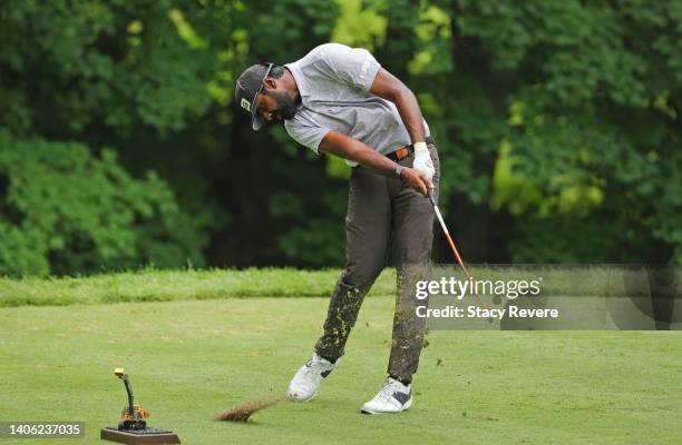 Sahith Theegala of the United States plays his shot from the sixth tee during the second round of the John Deere Classic at TPC Deere Run on July 01,...