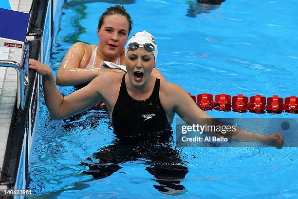 Gold medallist Jessica Jane Applegate of Norwich following her victory in the Women's 200m Freestyle final during day one of the British Gas Swimming...