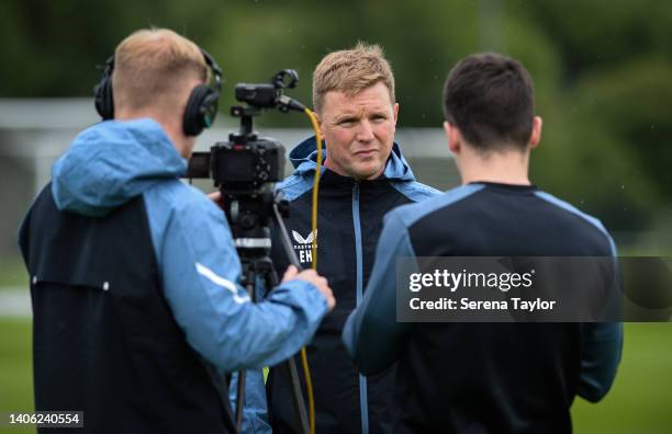 Newcastle United Head Coach Eddie Howe speaks to club media during the Newcastle United Training Session at the Newcastle United Training Centre on...