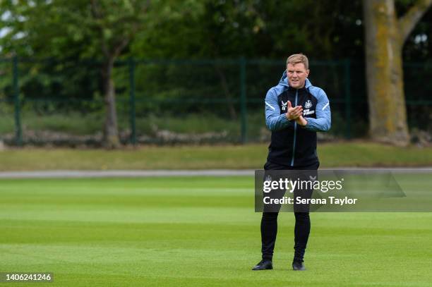Newcastle United Head Coach Eddie Howe claps his hands during the Newcastle United Training Session at the Newcastle United Training Centre on July...