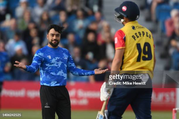Rashid Khan of Sussex Sharks celebrates after dismissing Michael Pepper of Essex Eagles during the Vitality T20 Blast between Sussex Sharks and Essex...