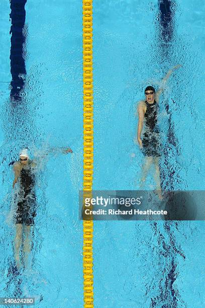 Hannah Miley of Garioch leads Aimee Willmott of Middlesbrough in the final of the Women's Open 400m Individual Medley during day one of the British...