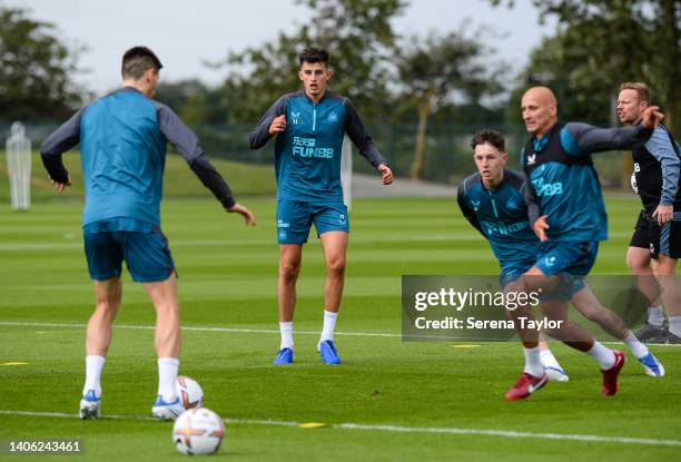 Players seen L-R Federico Fernández, Kell Watts, Joe Willock and Jonjo Shelvey during the Newcastle United Training Session at the Newcastle United...