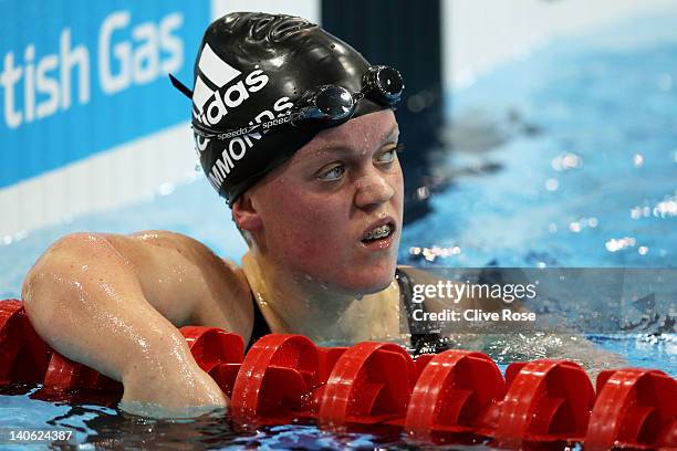 Ellie Simmonds of Swansea looks on after the Women's MC 400m Freestyle Final during day one of the British Gas Swimming Championships at the London...