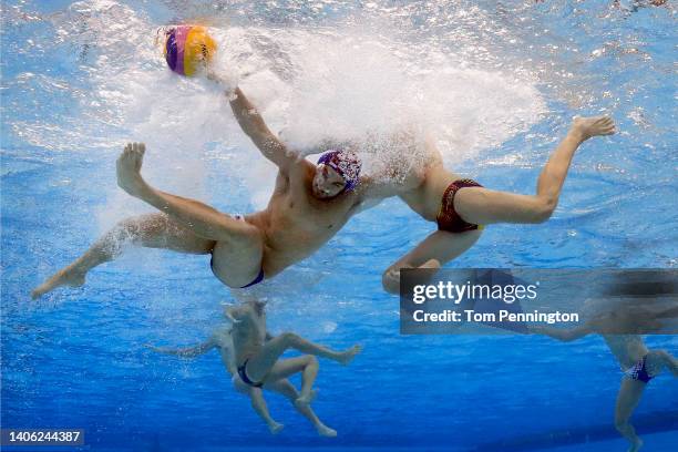 Franko Lazic of Team Croatia battles for the ball against Team Spain during the Men's Water Polo semifinal match on day 12 of the Budapest 2022 FINA...