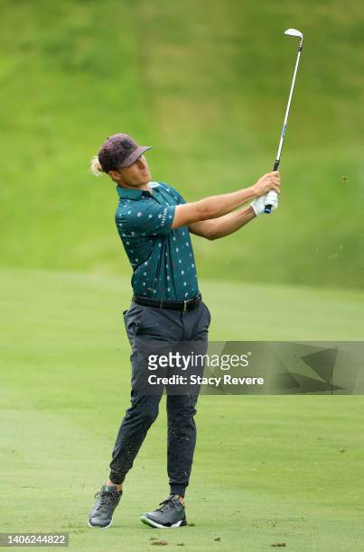 Morgan Hoffmann of the United States on the first hole during the second round of the John Deere Classic at TPC Deere Run on July 01, 2022 in Silvis,...
