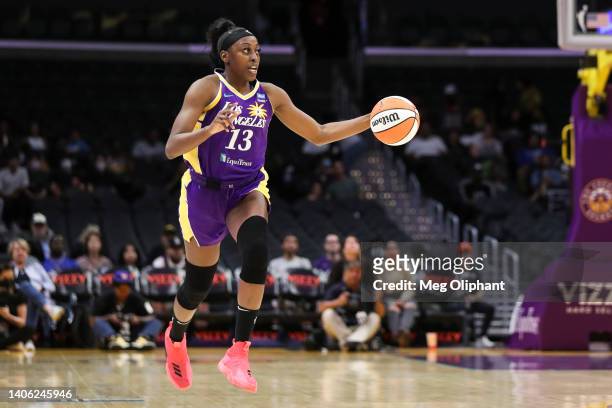 Chiney Ogwumike of the Los Angeles Sparks handles the ball against the Washington Mystics at Crypto.com Arena on June 21, 2022 in Los Angeles,...