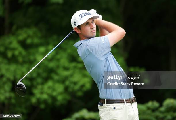 Poston of the United States plays his shot from the second tee during the second round of the John Deere Classic at TPC Deere Run on July 01, 2022 in...